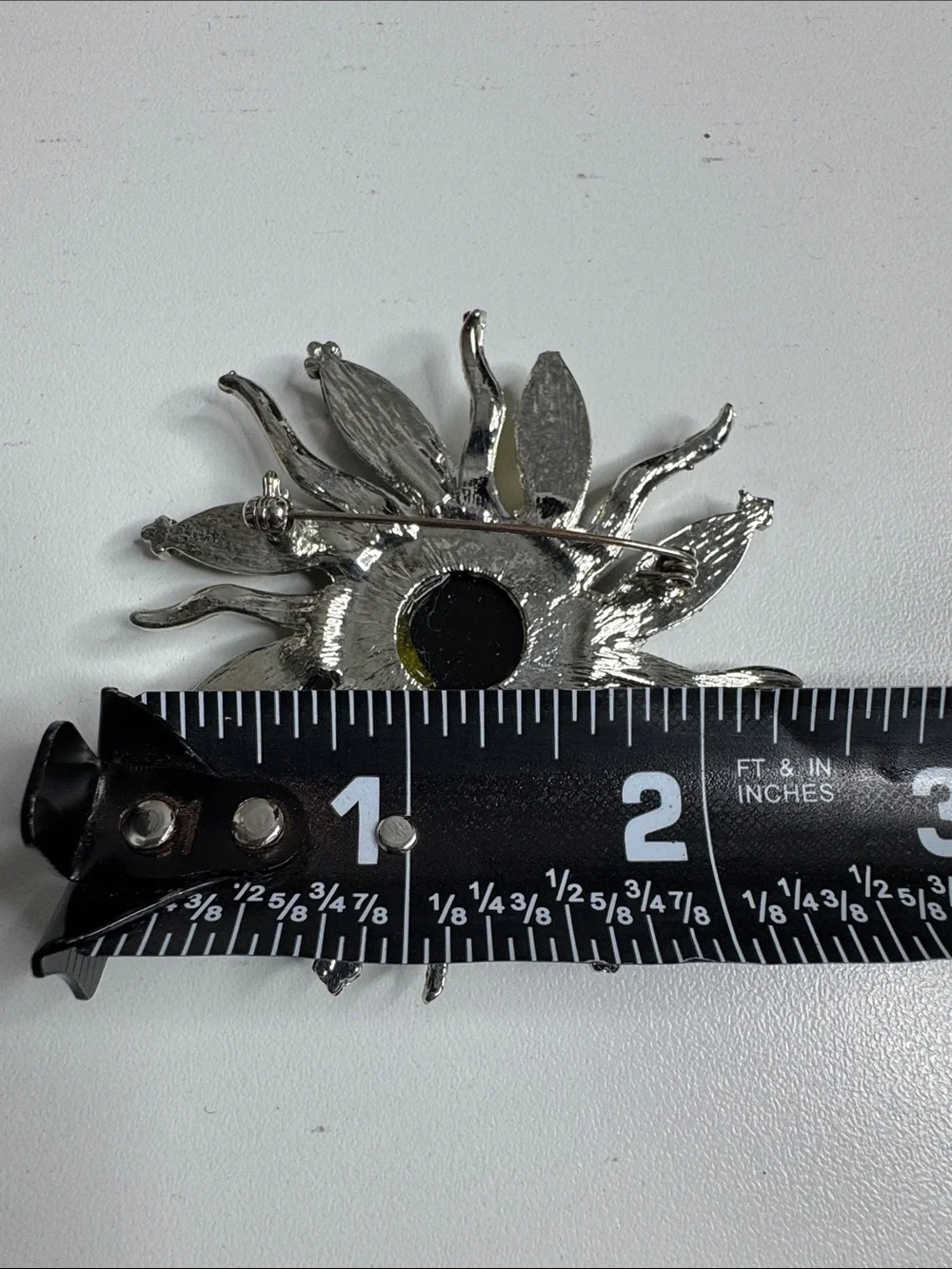 Vintage Style Black Yellow Crystal Sunburst Brooch Silver Tone Statement Pin